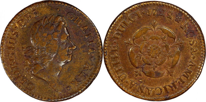 1722 Rosa Americana Penny. Martin 2.20-C.5, W-1264. Rarity-6. UTILE DULCI. EF-40...