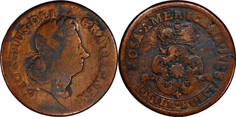 1723 Rosa Americana Penny. Martin 2.4-Ea.2, W-1278. Rarity-6. VG-8 (PCGS).

13...