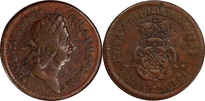 1723 Rosa Americana Penny. Martin 2.22-Eb.6, W-1278. Rarity-5. VF-30 (PCGS).

...