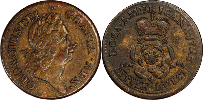 1723 Rosa Americana Penny. Martin 2.25-Ea.5, W-1278. Rarity-5. AU-50 (PCGS).

...