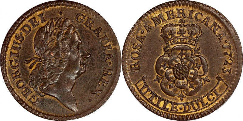 1723 Rosa Americana Penny. Martin 2.30-Eb.10, W-1278. Rarity-4. MS-63 (PCGS).
...