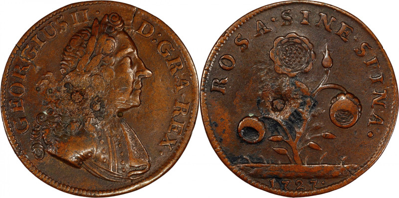 1727 Rosa Americana Pattern Halfpenny. Martin 1-A, W1366. Rarity-8. GEORGIUS II ...