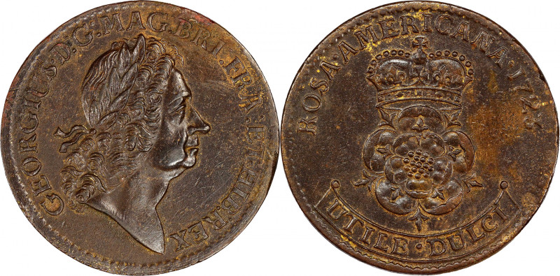 1723 Rosa Americana Twopence. Martin 4.5-E.13, W-1346. Rarity-5. AU-58 (PCGS).
...