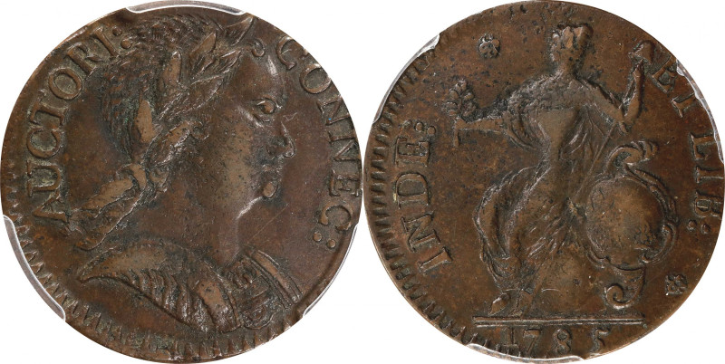 1785 Connecticut Copper. Miller 6.5-M, W-2430. Rarity-6+. Bust Right. AU-53 (PCG...