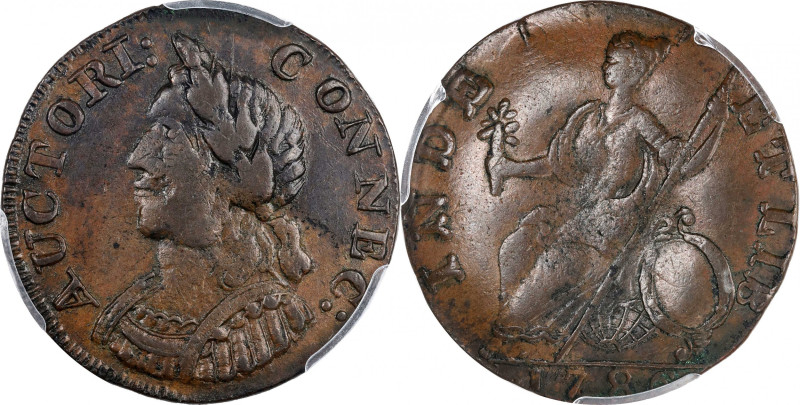 1786 Connecticut Copper. Miller 5.3-B.2, W-2565. Rarity-7+. Mailed Bust Left, He...