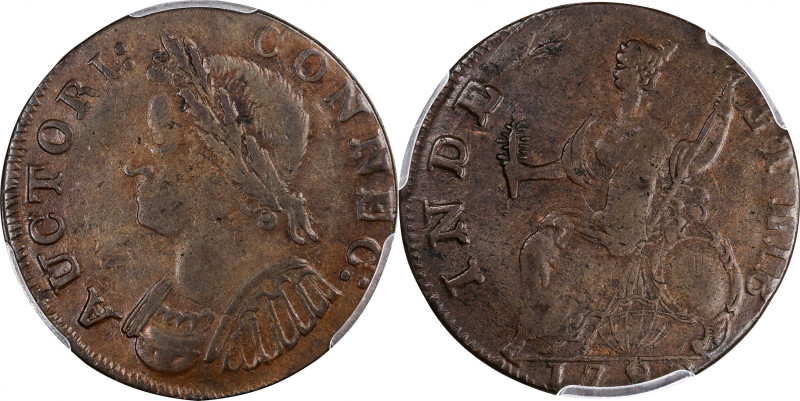 1786 Connecticut Copper. Miller 5.5-M, W-2595. Rarity-3. Mailed Bust Left. AU-53...