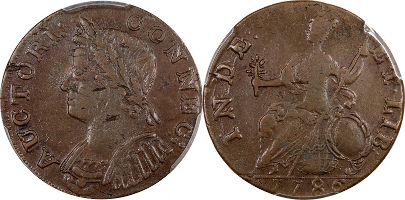 1786 Connecticut Copper. Miller 5.8-H.2, W-2625. Rarity-5. Mailed Bust Left. AU-...