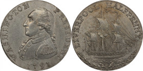 Circa 1791 Liverpool Halfpenny. Musante GW-18, Baker-17A, Breen-1222. Pewter. Plain edge. AU-55 (PCGS).

28.8 mm. 156.8 grains. A rarity that we hav...