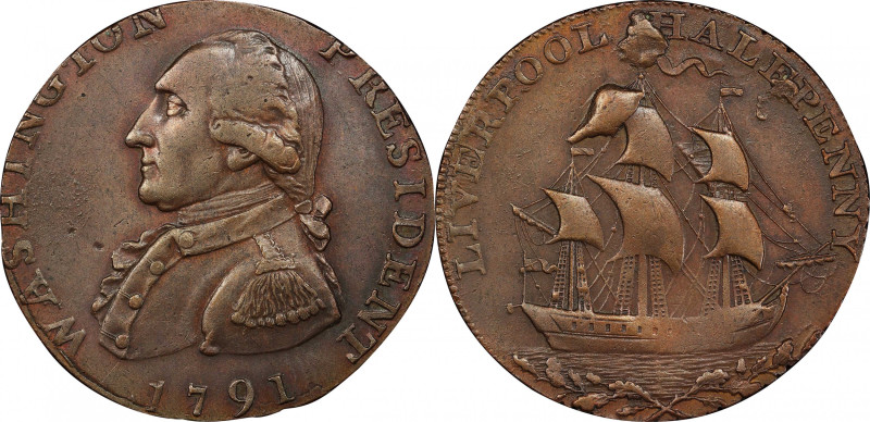 1791 Liverpool Halfpenny. Musante GW-19, Baker-17, Breen-1223. Copper. Lettered ...