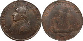 1793 Ship Halfpenny. Musante GW-20, Baker-18, Breen-1225. Copper. Lettered edge, PAYABLE IN ANGLESEY LONDON OR LIVERPOOL. AU-58 (PCGS).

30.1 mm. 17...