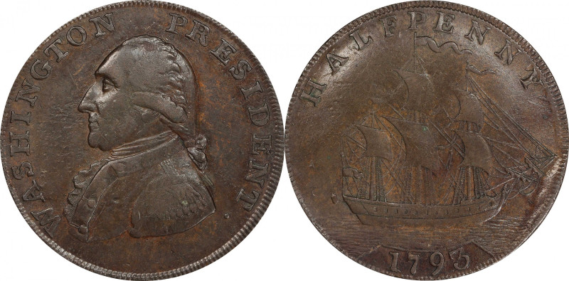 1793 Ship Halfpenny. Musante GW-20, Baker-18, Breen-1225. Copper. Lettered edge,...