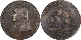 1793 Ship Halfpenny. Musante GW-20, Baker-18A, Breen-1226. Copper. Plain edge. EF-45 (PCGS).

Deep olive brown surfaces are glossy but still retain ...