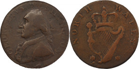 Circa 1795 North Wales Halfpenny. Two Star Reverse. Musante GW-51, Baker-34A, Breen-1296. Copper. Lettered edge, PAYABLE IN LANCASTER LONDON OR BRISTO...