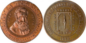 1859 John Brown Political Medal. DeWitt-SL 1859-1. Copper. MS-66 BN (PCGS).

31 mm. A glorious premium Gem example with warm olive-brown reverse ton...