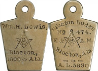 Alabama--Blocton. Lodge No. 474. 1890 Keystone Masonic Medal. Nickel. Presented to William H. Lewis.

22 mm x 33 mm. 4.63 grams. Obv: Engraved to WM...