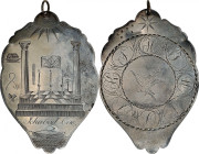 Masonic Mark Masters Medal. Silver. Presented to Ichabod Coe.

48 mm x 71 mm, oval, with light scalloping. 11.58 grams. Obv: Features numerous Mason...