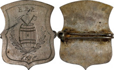 "1636" Masonic Badge Engraved to R.B.B. Silver.

30 mm x 38 mm, shield shaped. 8.15 grams. Backed by a pin. Uniface, with large barrel containing a ...