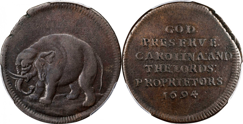 1694 Carolina Elephant Token. Hodder 2-F, W-12120. Rarity-6. PROPRIETORS, O/E. E...