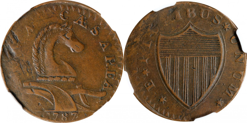 1787 New Jersey Copper. Maris 54-k, W-5295. Rarity-3. No Sprig Above Plow, Serpe...