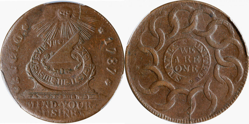 1787 Fugio Cent. Pointed Rays. Newman 12-X, W-6820. Rarity-2. STATES UNITED, 4 C...