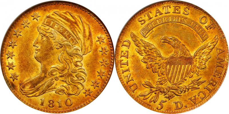 1810 Capped Bust Left Half Eagle. BD-1. Rarity-3+. Small Date, Tall 5. MS-61 (NG...