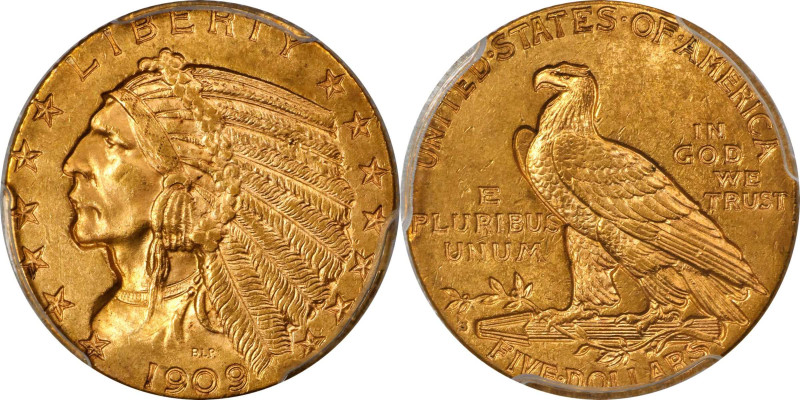 1909-S Indian Half Eagle. MS-63 (PCGS).

Frosty golden-apricot surfaces showca...