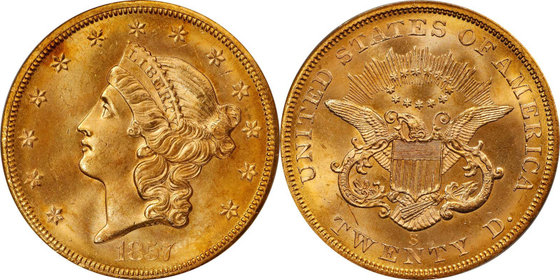 1857-S Liberty Head Double Eagle. Variety-20A. Spiked Shield. Gold S.S. Central ...