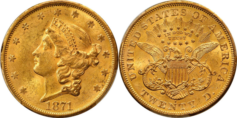 1871-S Liberty Head Double Eagle. MS-62 (PCGS).

Delightful satin to softly fr...