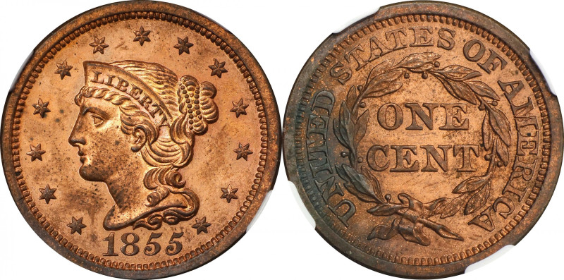 1855 Braided Hair Cent. N-10. Rarity-5 as a Proof. Slanting 5s. Proof-63 RB (NGC...