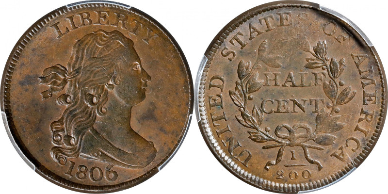 1806 Draped Bust Half Cent. C-4. Rarity-1. Large 6, Stems to Wreath. AU-58 (PCGS...