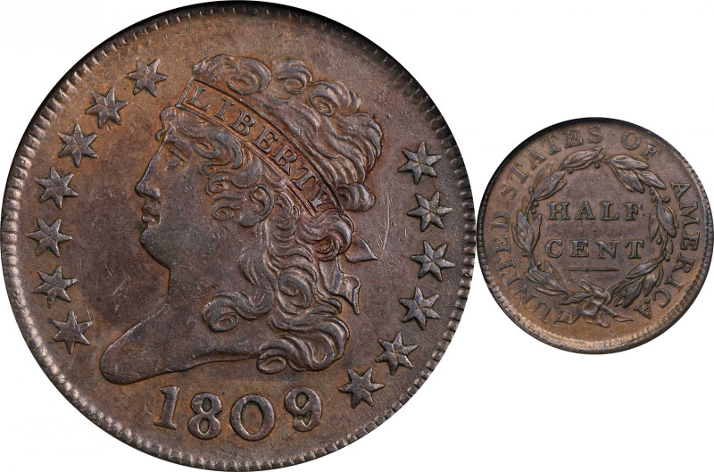 1809/'6' Classic Head Half Cent. C-5. Rarity-1. 9/Inverted 9. AU-55 BN (NGC).
...