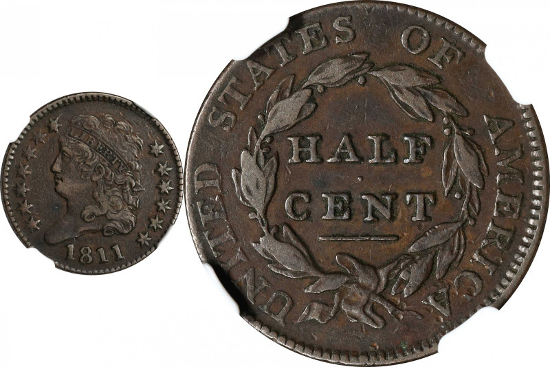 1811 Classic Head Half Cent. C-2. Rarity-3-. Close Date. EF-40 BN (NGC).

This...