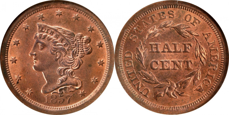 1857 Braided Hair Half Cent. C-1, the only known dies. Rarity-2. MS-64 RD (NGC)....