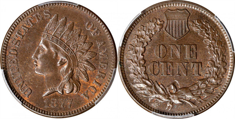 1877 Indian Cent. MS-63 BN (PCGS).

Boldly toned medium copper surfaces show e...