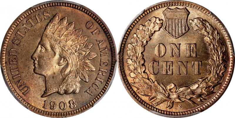 1908-S Indian Cent. MS-66 RB (PCGS).

Beautiful golden-orange surfaces support...