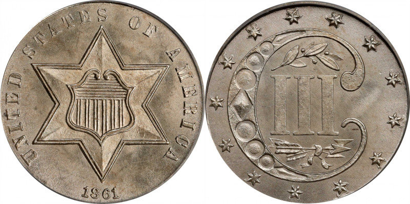 1861 Silver Three-Cent Piece. MS-66 (PCGS). CAC.

A frosty, visually stunning,...