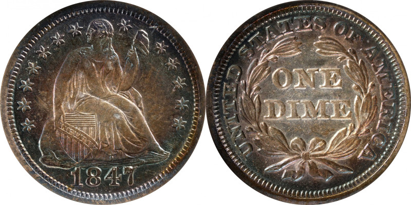 1847 Liberty Seated Dime. Fortin-102. Rarity-4. AU-58 (NGC). CAC. OH.

An enti...