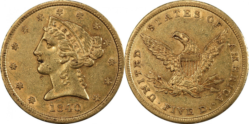 1840 Liberty Head Half Eagle. AU-55 (PCGS).

Frosty olive-orange surfaces with...