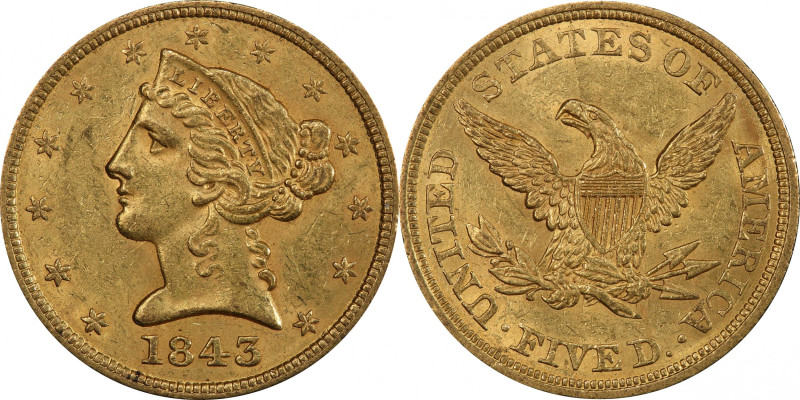 1843 Liberty Head Half Eagle. MS-61 (PCGS). CAC.

Frosty surfaces are in a ver...