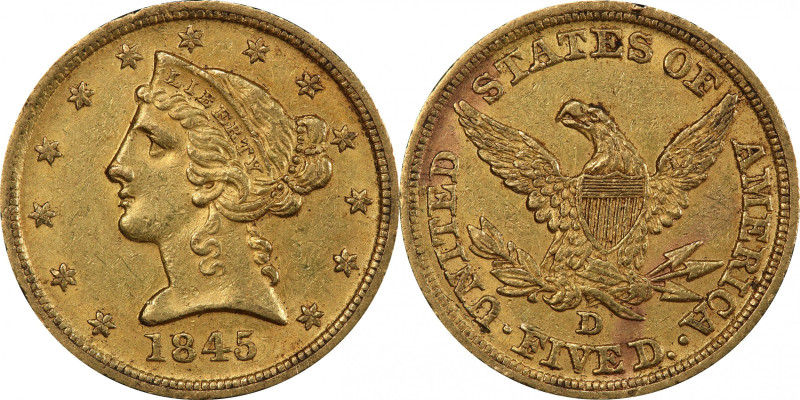 1845-D Liberty Head Half Eagle. Winter 13-H. AU-55+ (PCGS). CAC.

Tinges of or...