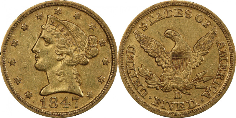 1847-D Liberty Head Half Eagle. Winter 19-I. AU-55 (PCGS).

A frosty medium go...