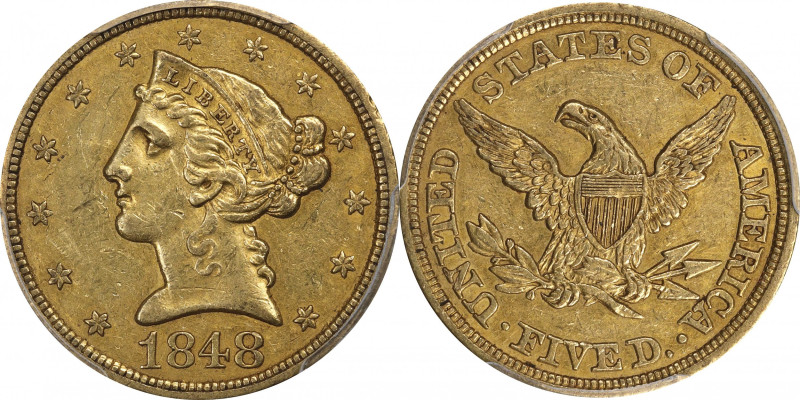 1848 Liberty Head Half Eagle. AU-53 (PCGS). CAC.

A beautiful golden-honey exa...