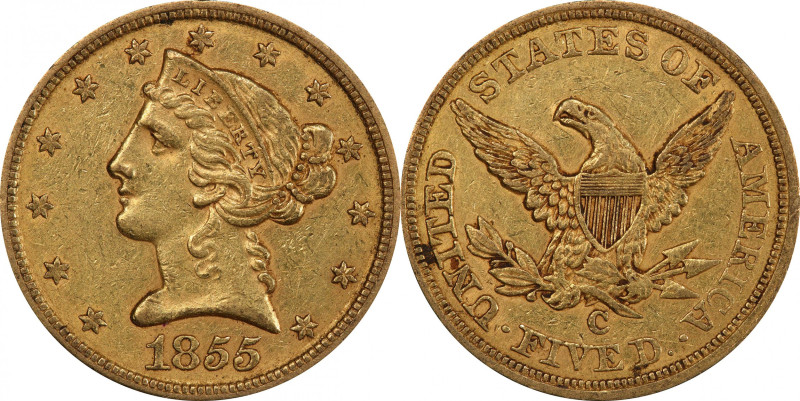 1855-C Liberty Head Half Eagle. Winter-1, the only known dies. Die State I. AU-5...