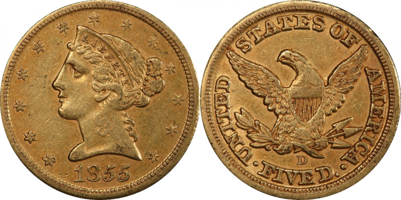 1855-D Liberty Head Half Eagle. Winter 38-CC. Medium D. AU-50 (PCGS).

Abundan...