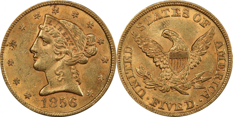 1856 Liberty Head Half Eagle. MS-61 (PCGS). CAC.

Appealing frosty surfaces di...