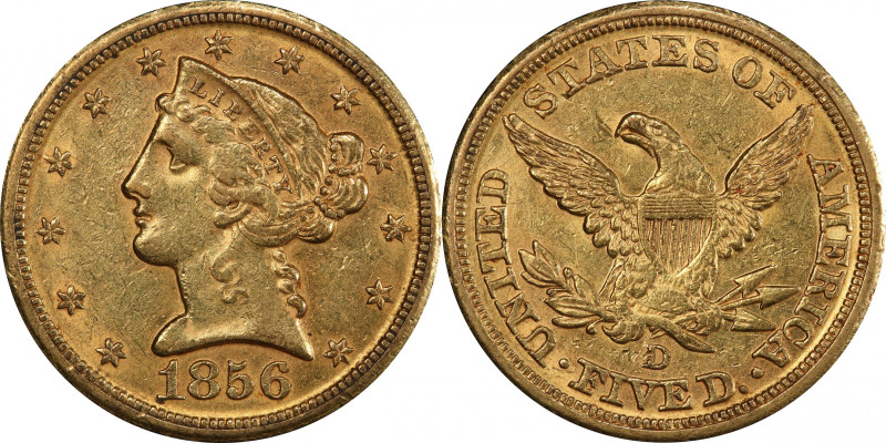 1856-D Liberty Head Half Eagle. Winter 39-FF. AU Details--Cleaned (PCGS).

The...