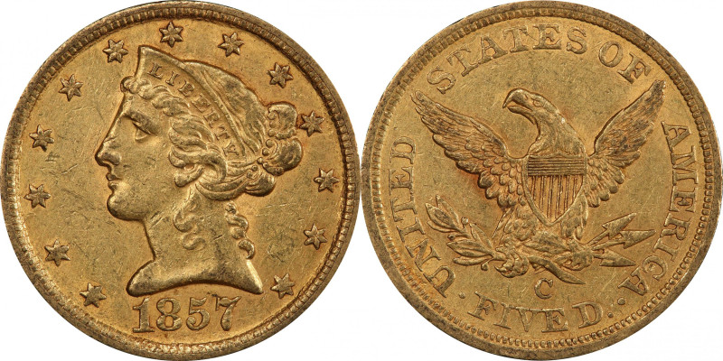 1857-C Liberty Head Half Eagle. Winter-1, the only known dies. AU-53 (PCGS). CAC...