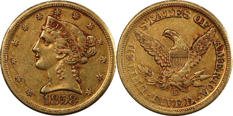 1858-D Liberty Head Half Eagle. Winter 43-HH. AU-53 (PCGS). CAC.

Appealing ol...