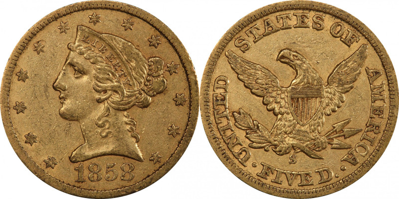 1858-S Liberty Head Half Eagle. AU-50 (PCGS). CAC.

With plenty of billowy min...