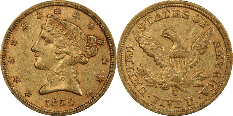 1859-C Liberty Head Half Eagle. Winter-1, the only known dies. Die State I. AU-5...